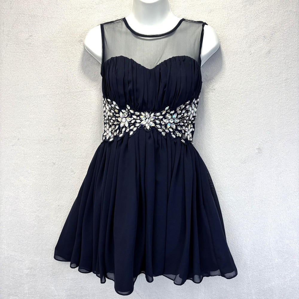 Vintage Y2K Deb‎ Fit & Flare Mini Dress Juniors 3/4 Navy Blue Chiffon Rhinestone